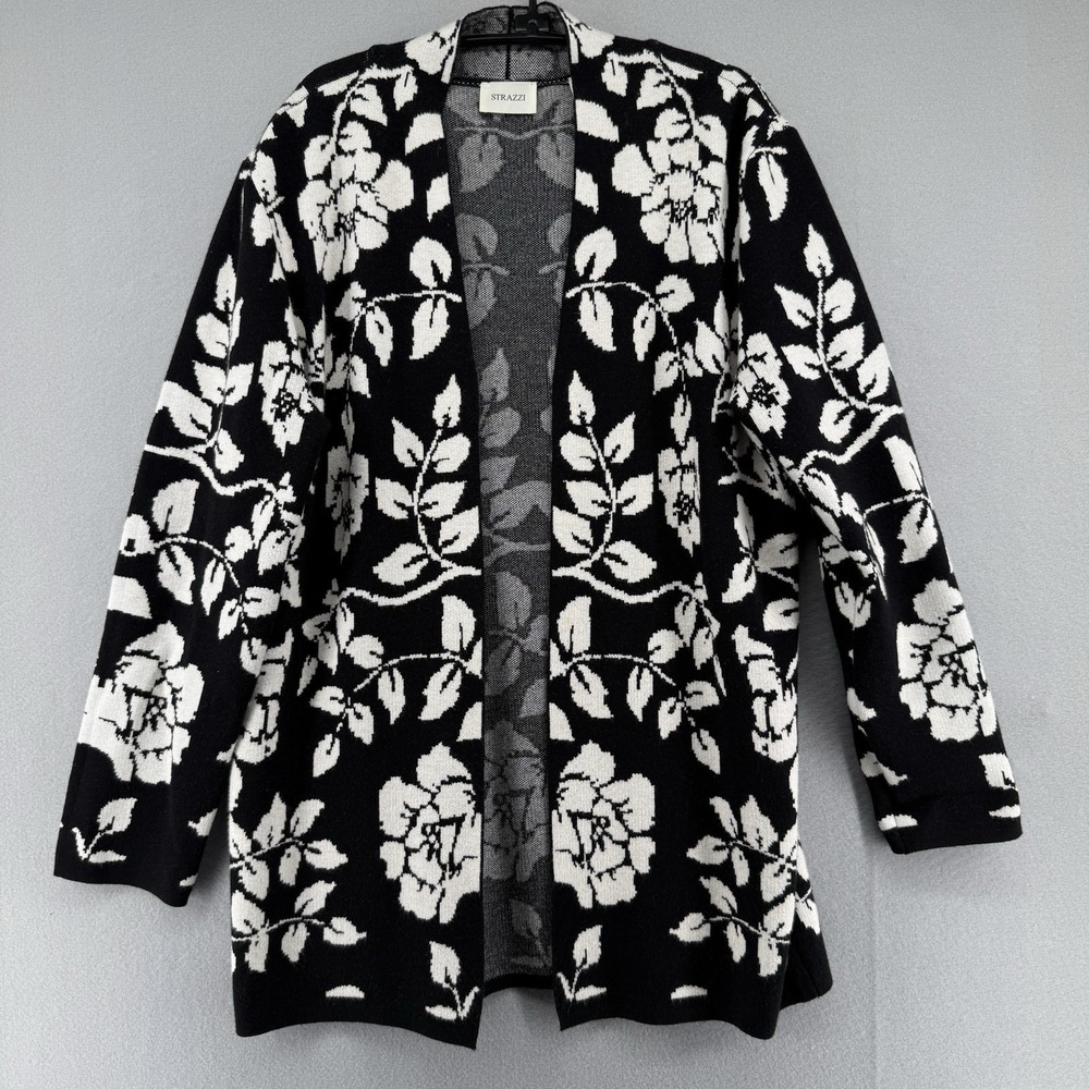 Strazzi Cardigan Sweater Women Medium Black White Floral Retro Dark Coquette